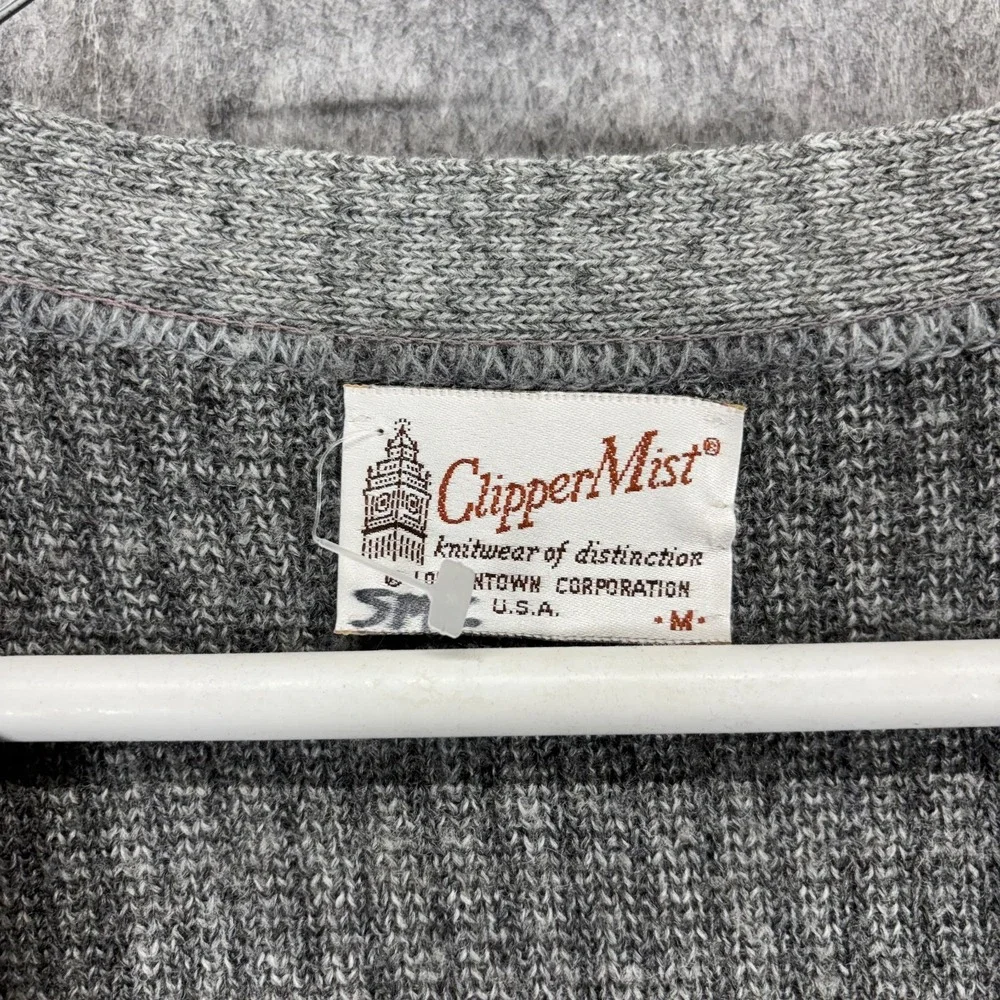 Vintage 1970s Cardigan Sweater Men's Medium Striped Gray Knit Mod Grandpa